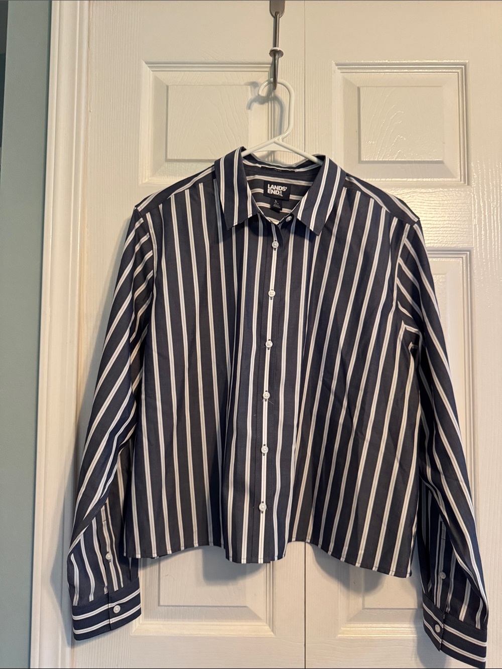 Lands' End Navy and White Vertical Stripe Dress Shirt